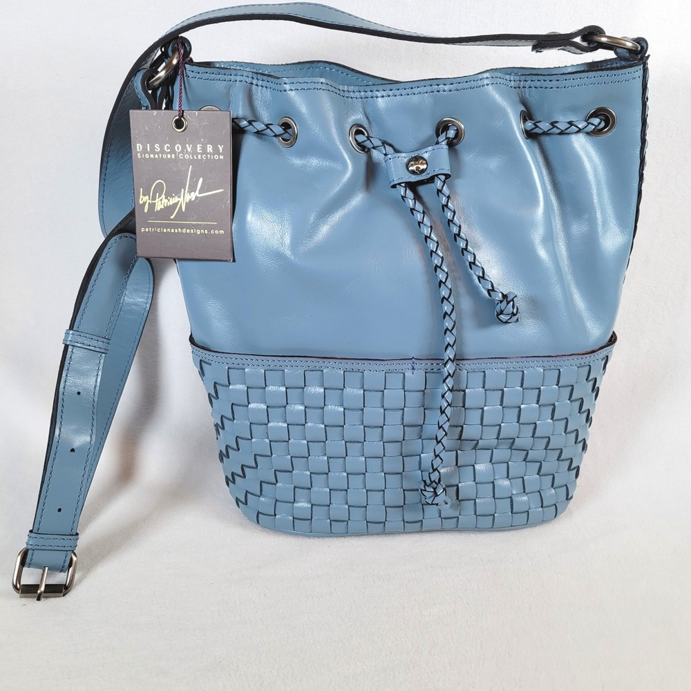Patricia Nash Women Discovery Mila Woven Leather Crossbody Bucket Bag Large Blue